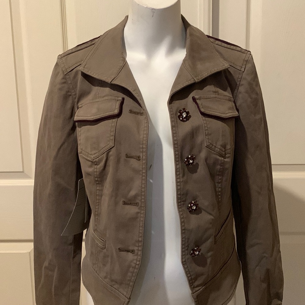 White House Black Market Taupe Blazer with Floral Buttons